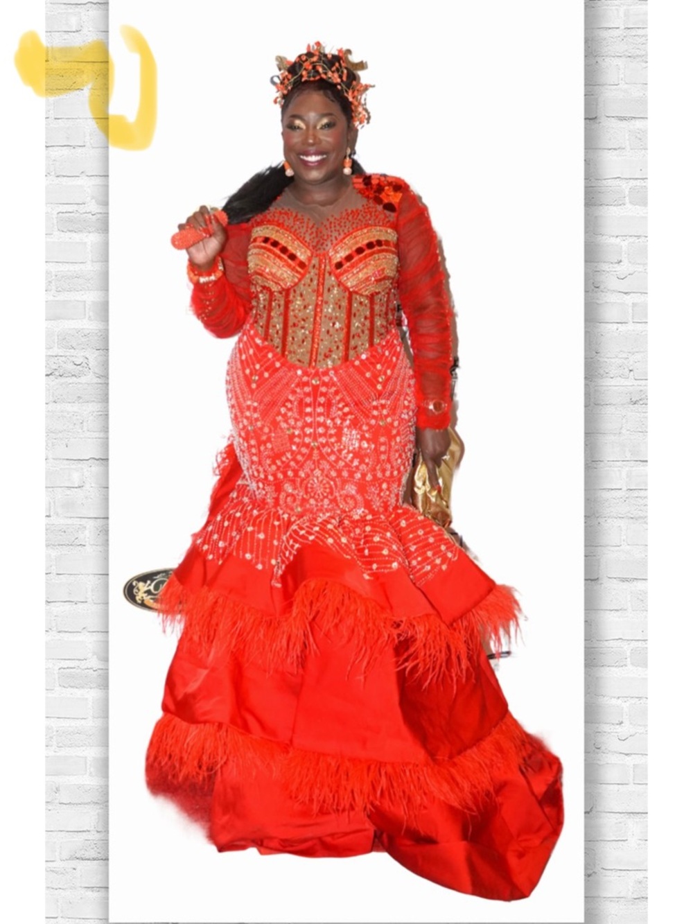 Red Beaded Feather-Trim Maxi Gown